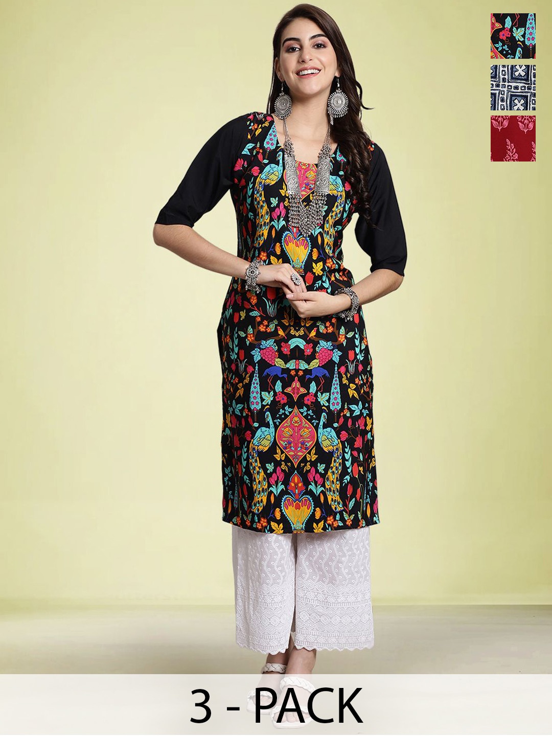 

Moda Rapido Selection Of 3 Floral Printed Round Neck Straight Kurtas, Black