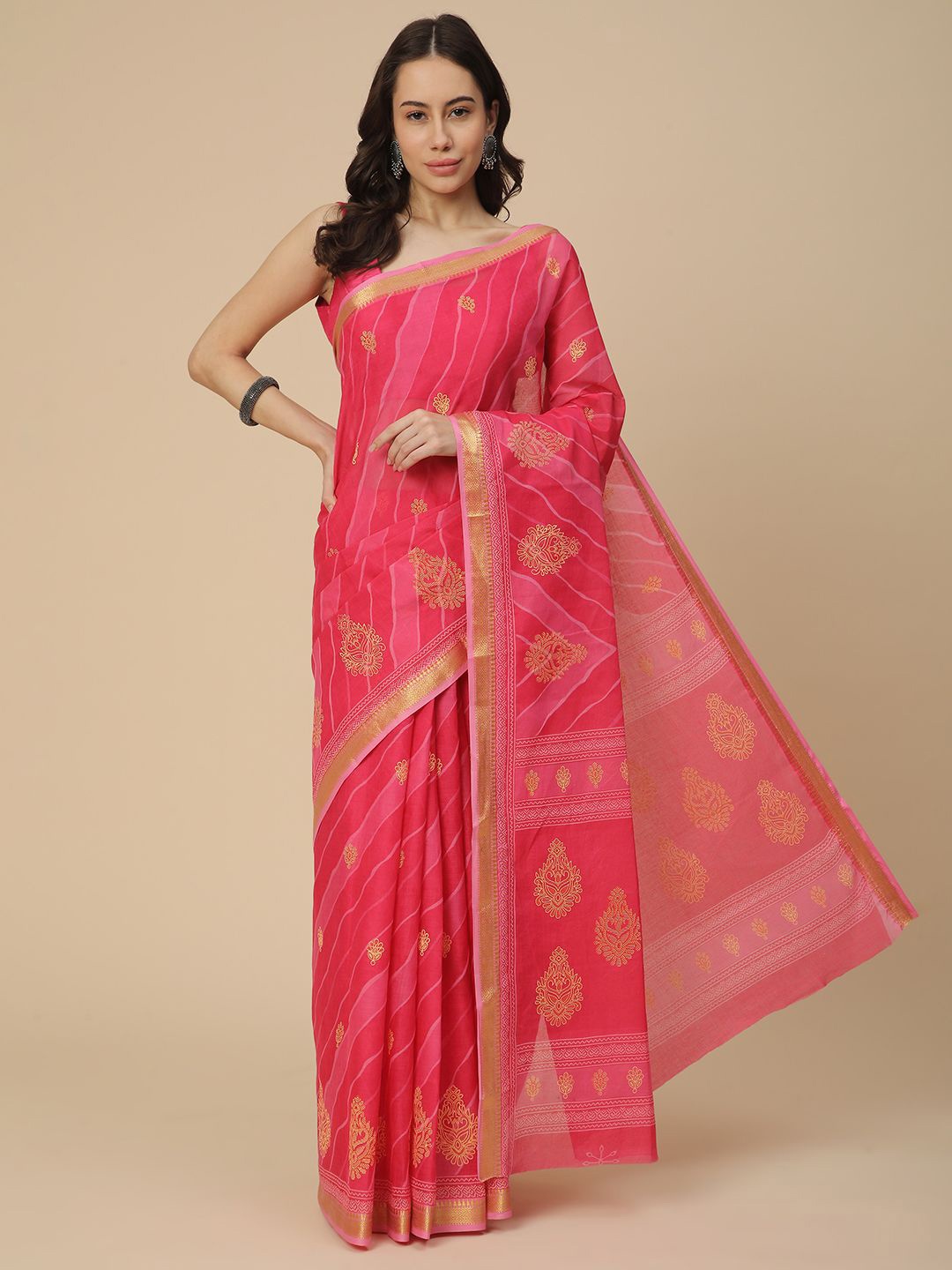 

RATAN Leheriya Zari Pure Cotton Leheriya Saree, Pink