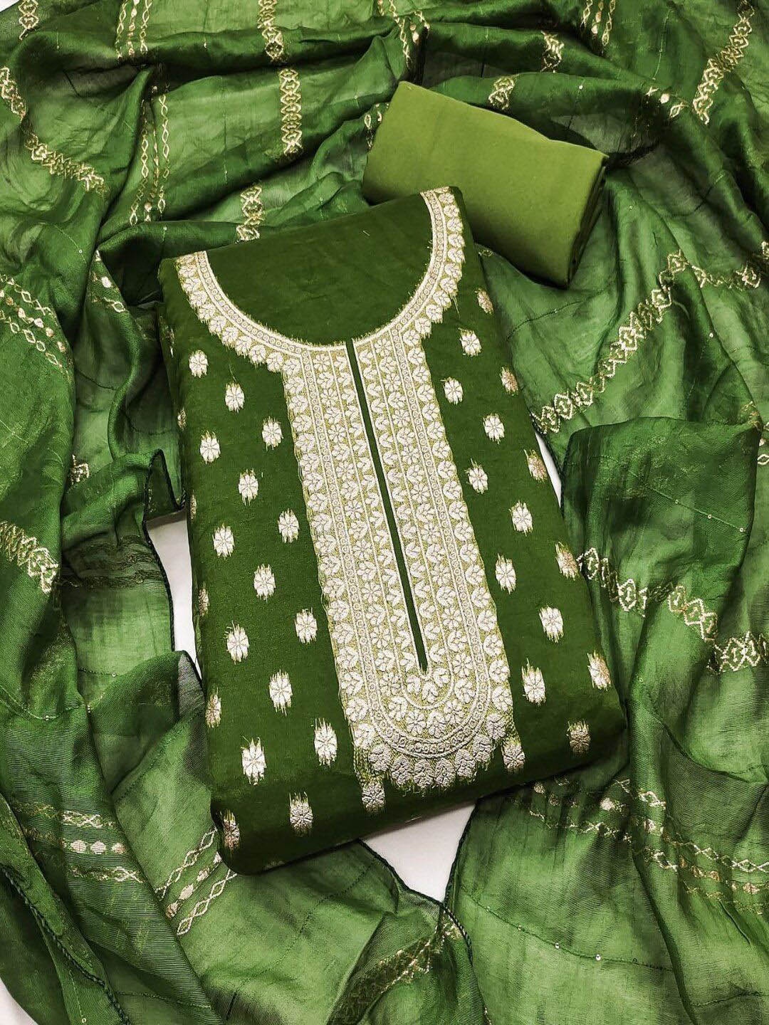 

SHIJILA Floral Woven Design Unstitched Dress Material, Green