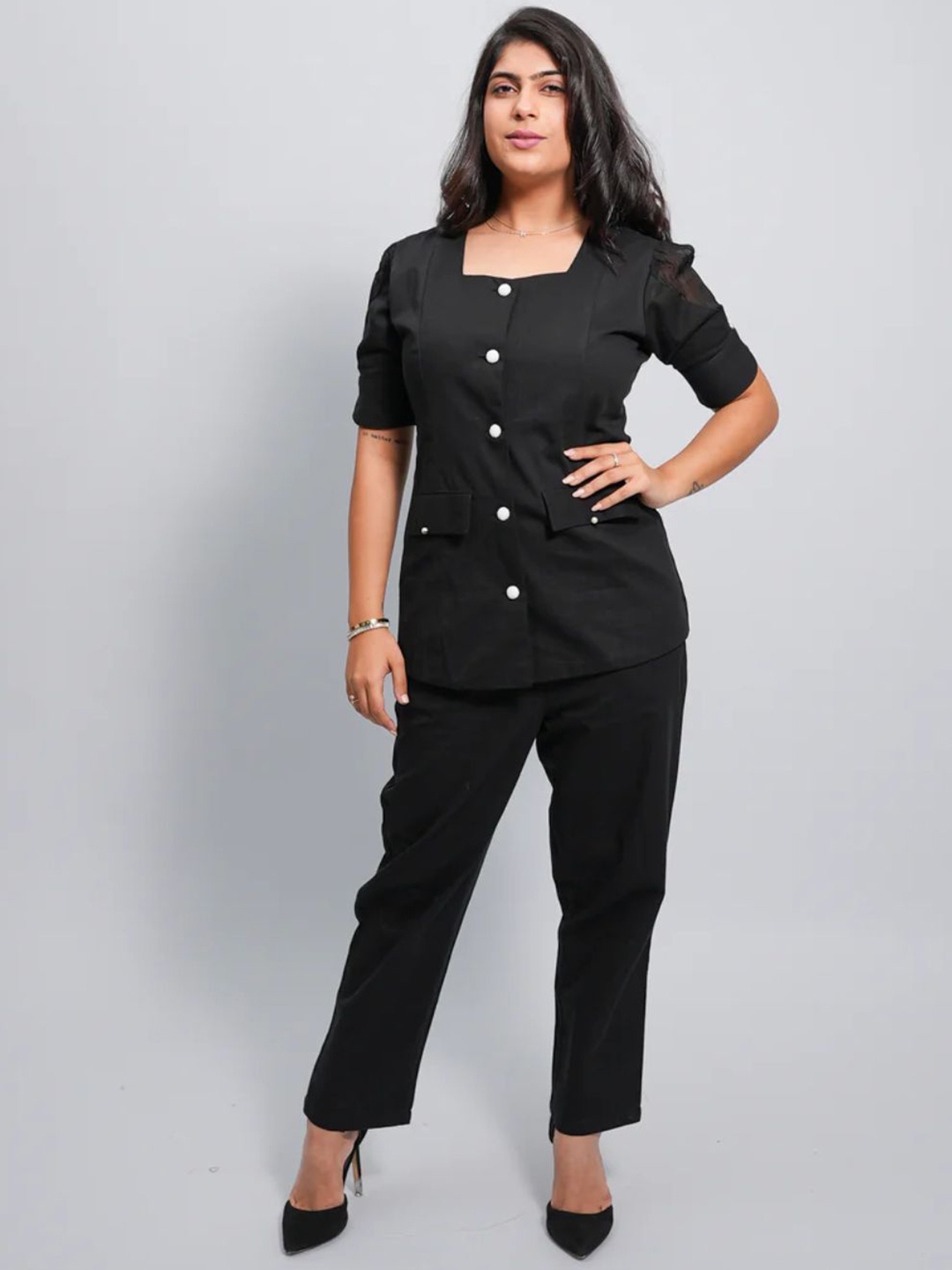 

Fabmoha Square Neck Pure Cotton Tunic With Trouser, Black