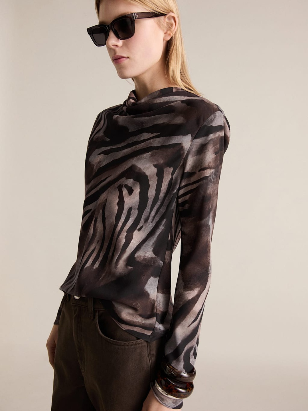 

MANGO Zebra Print Cowl Neck Satin Top, Brown