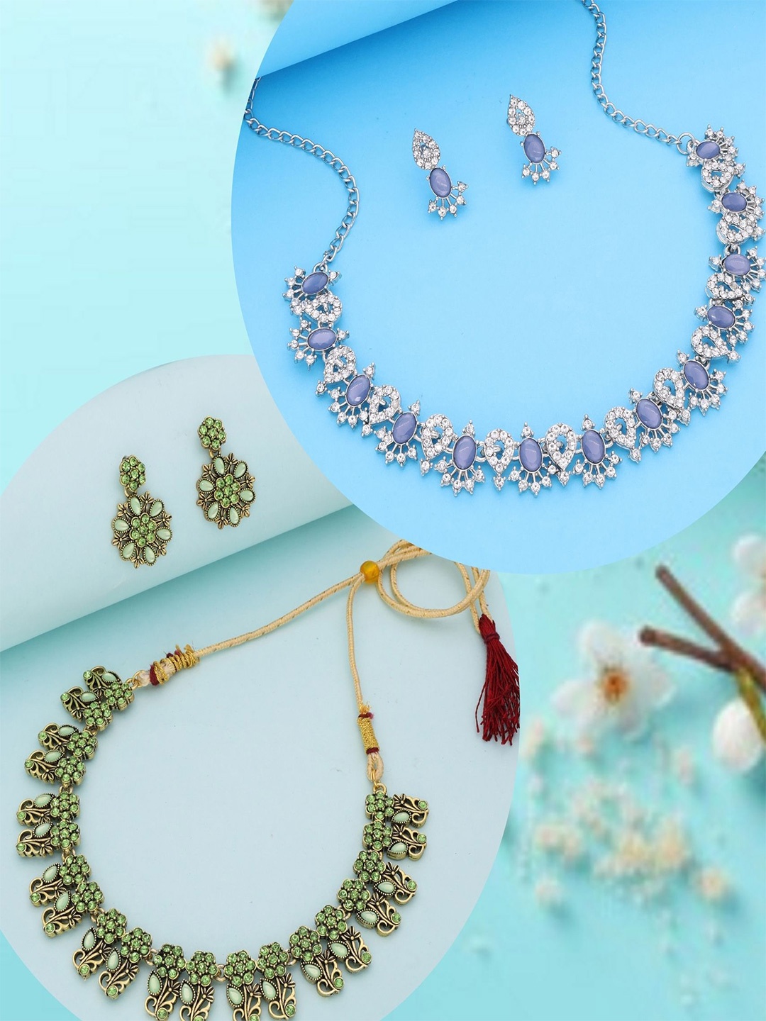 

DIVASTRI Set Of 2 Gold Plated American Diamonds Studded Jewellery Sets