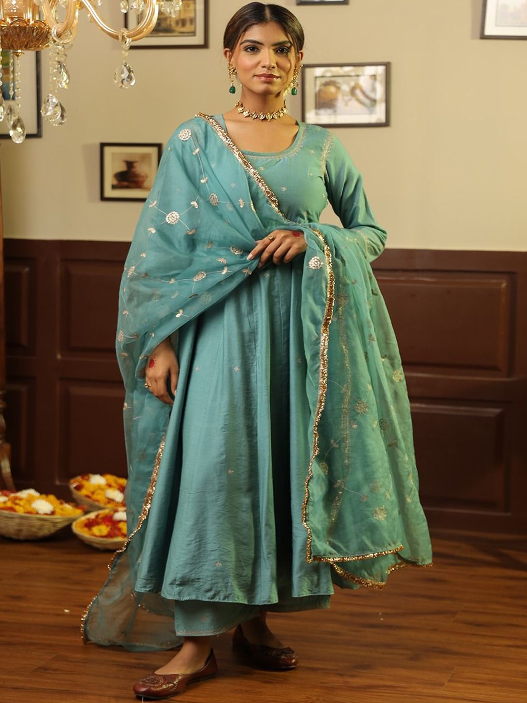 

ASRUMO Women Floral Embroidered Regular Chanderi Silk Kurta with Trousers & With Dupatta, Sea green