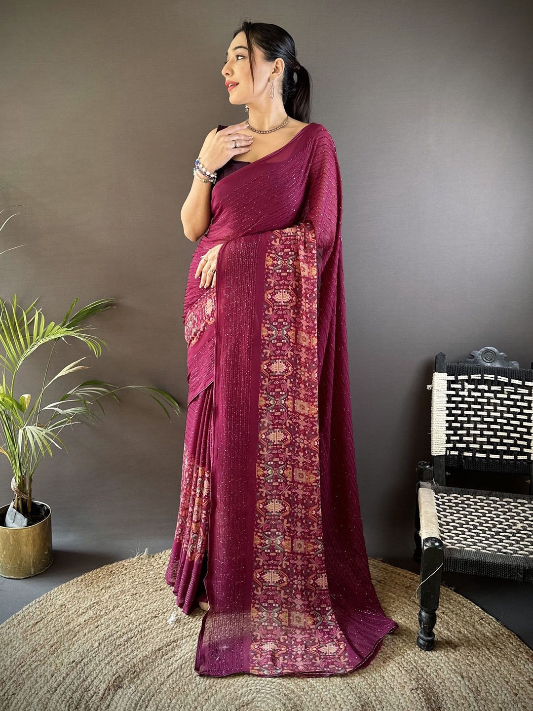 

Mitera Embellished Sequinned Poly Georgette Saree, Purple