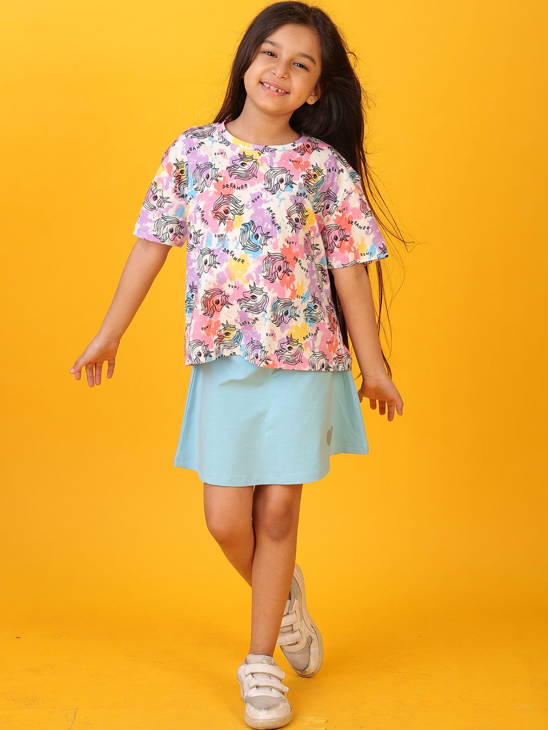 

Anthrilo Girls Printed T-shirt with Skirt, White