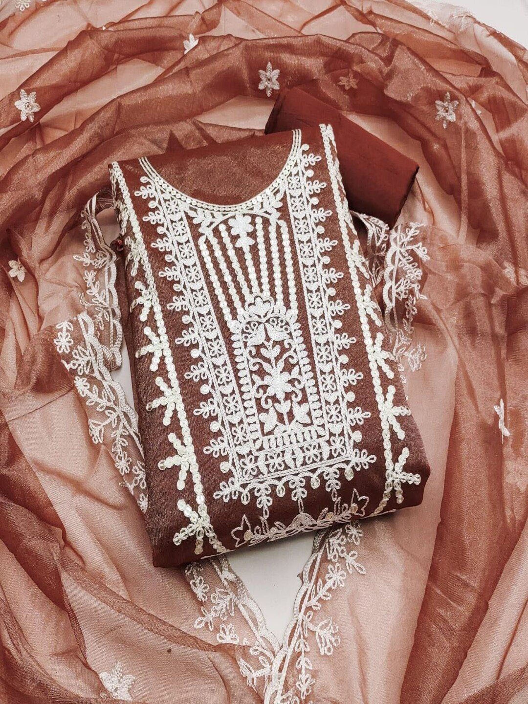 

SHIJILA Floral Embroidered Thread Work Organza Unstitched Dress Material, Rust