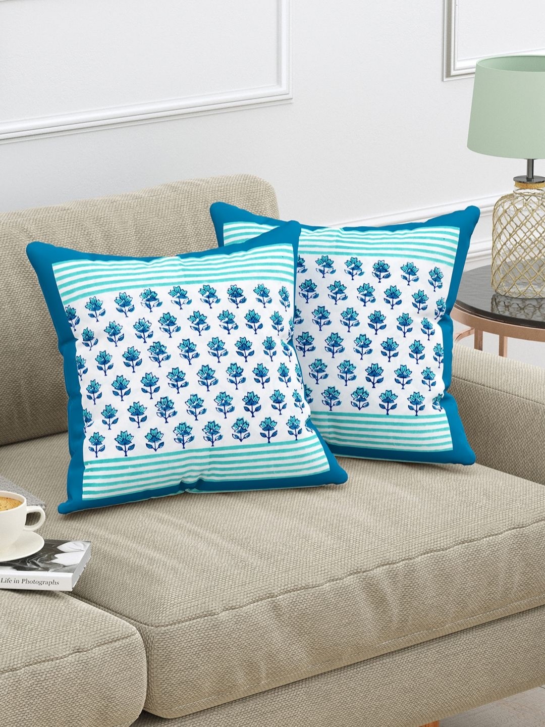 

Myntra Elegant Homes Green & White Set of 2 Floral Square Cushion Covers