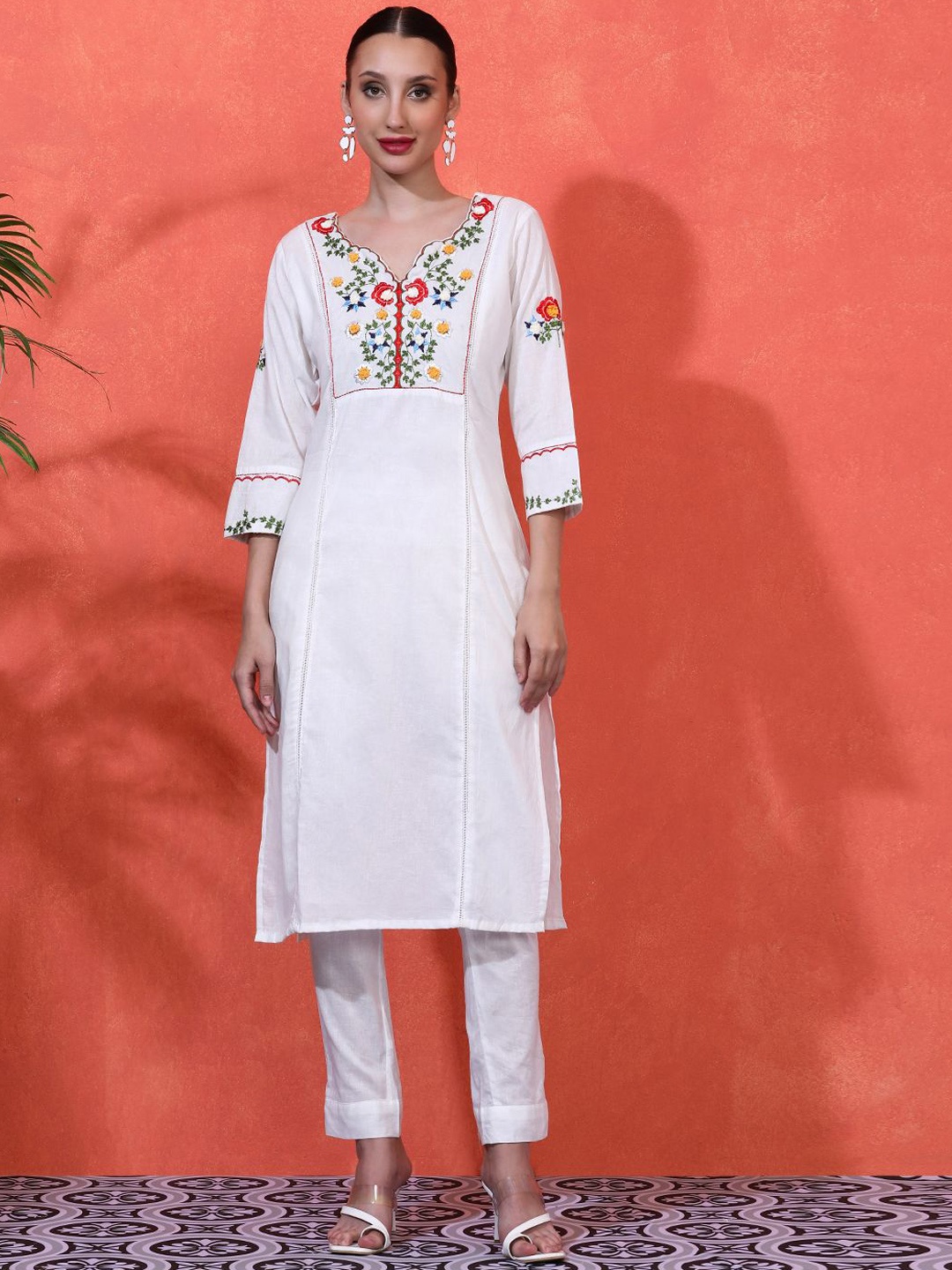 

Sangria Women Embroidered Straight Kurta With Trousers, White