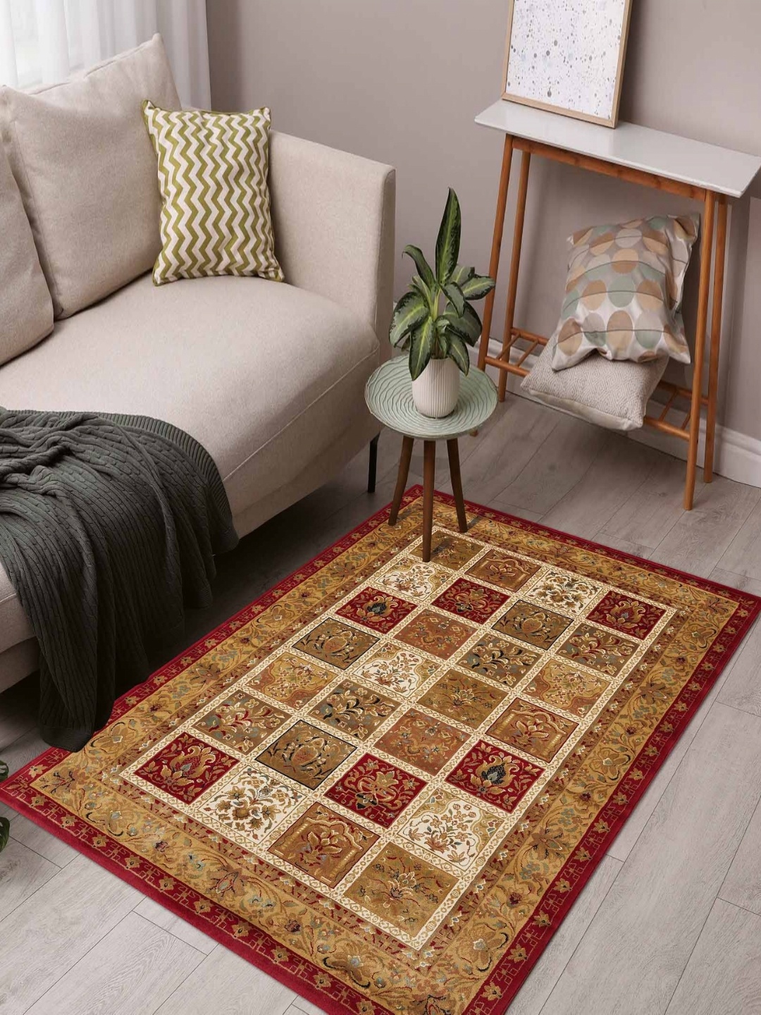 

OBSESSIONS Beige Ethnic Motifs Anti-Skid Polypropylene Carpet