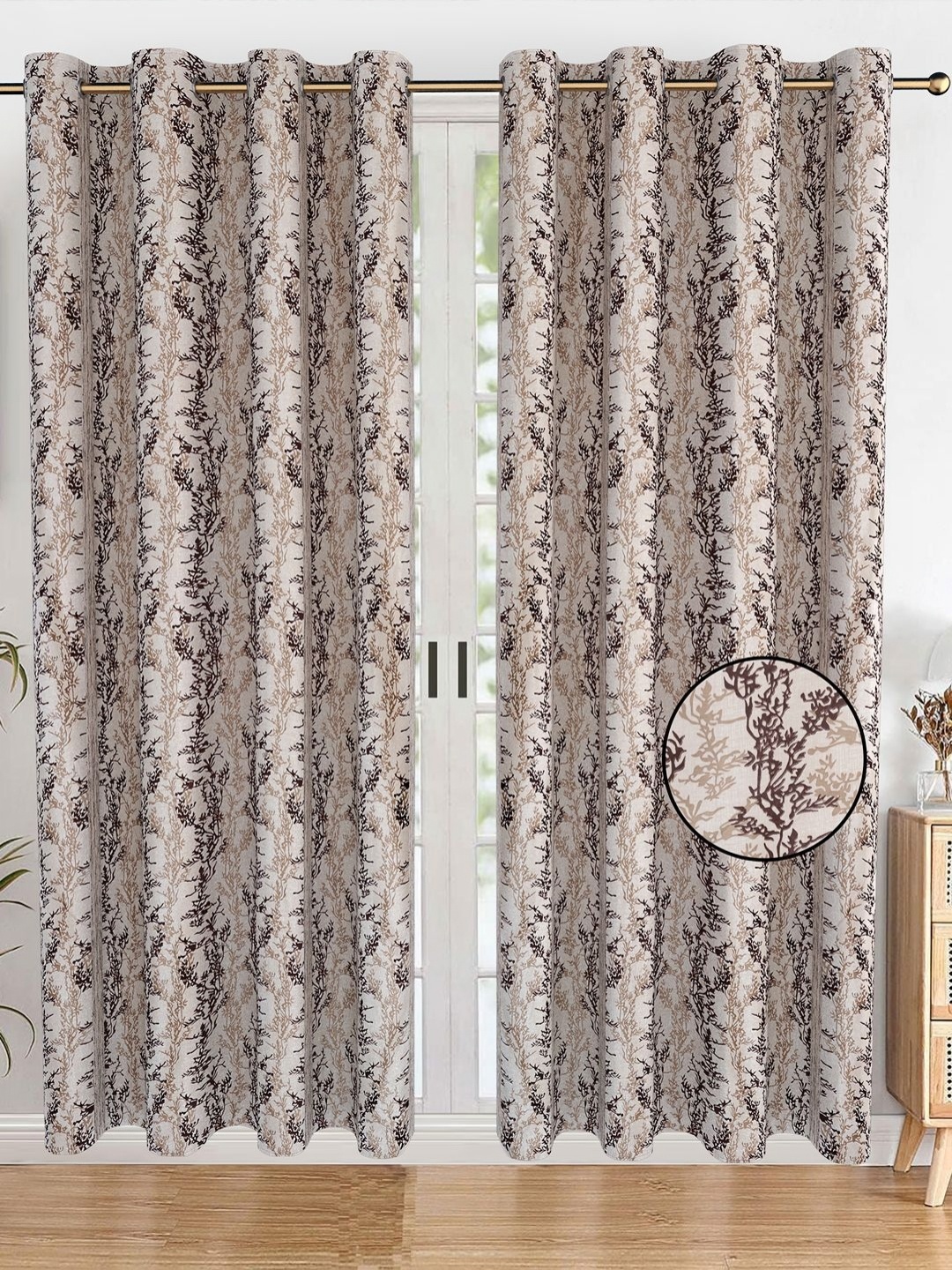 

AVI Brown & White Set of 2 Floral Long Door Curtain