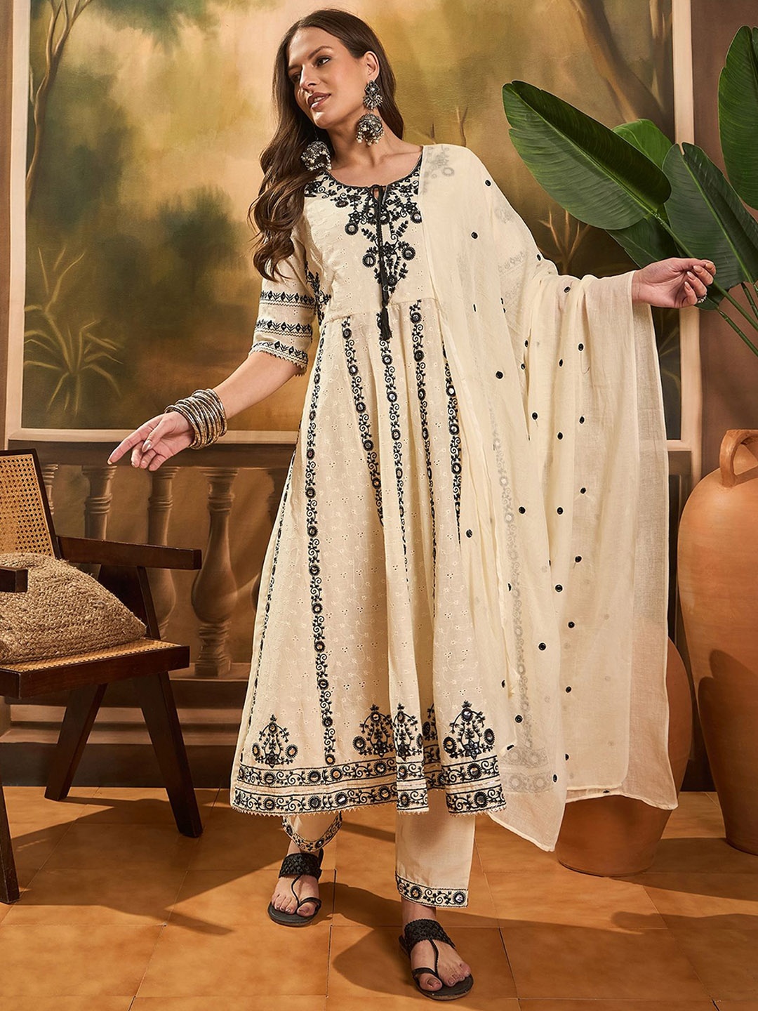 

Sangria Women Floral Embroidered A-Line Kurta With Trousers & Dupatta, Off white