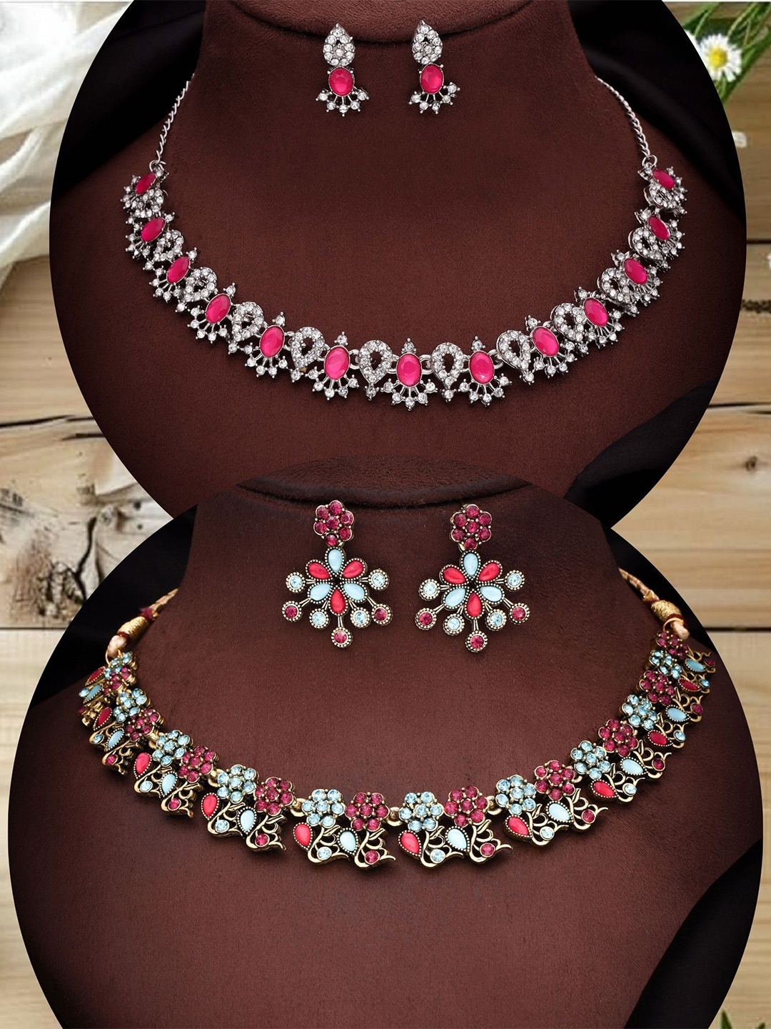 

DIVASTRI Set Of 2 Gold Plated American Diamonds Studded Jewellery Set