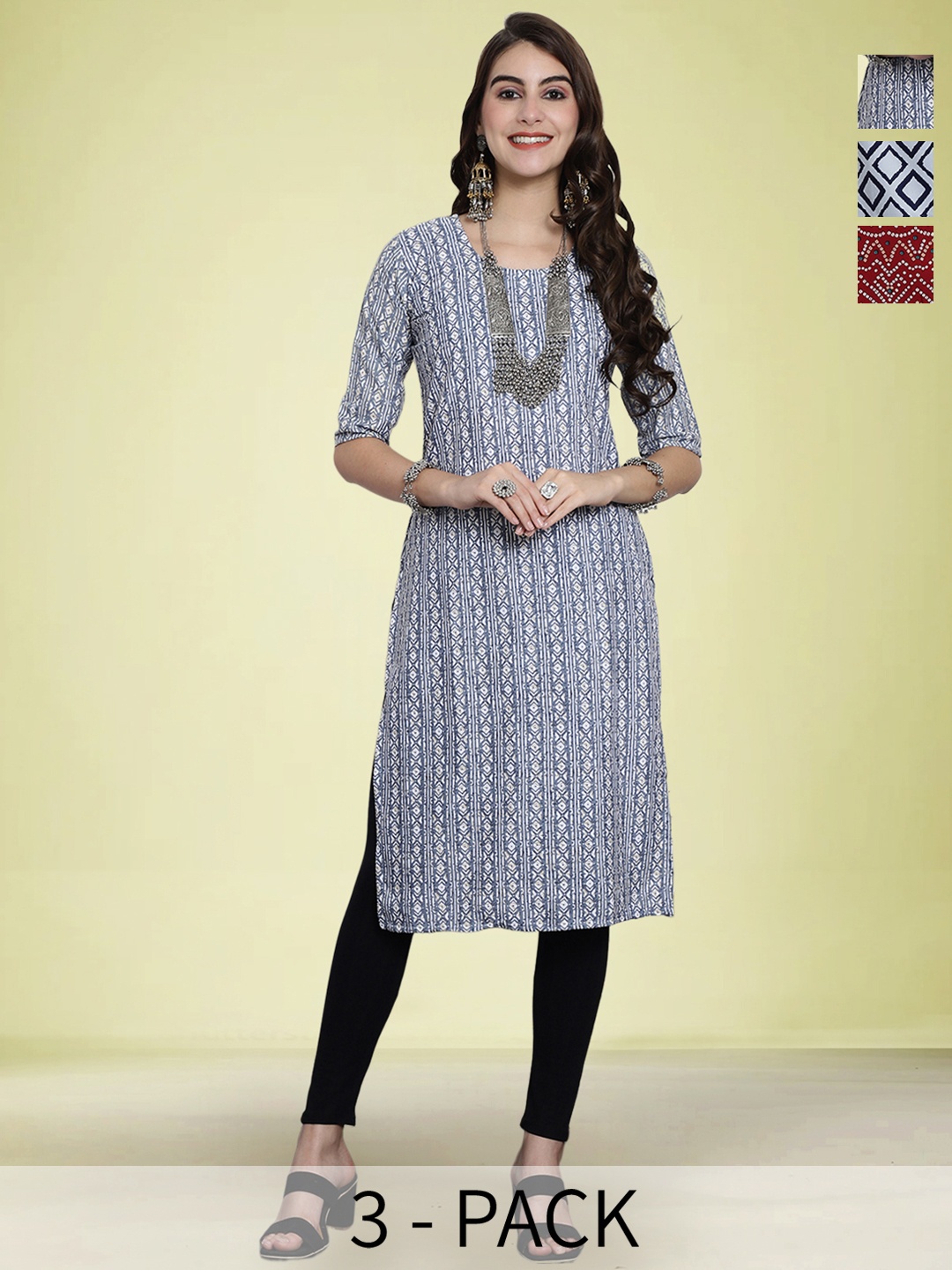 

Moda Rapido Selection Of 3 Geometric Printed Round Neck Straight Kurta, Blue