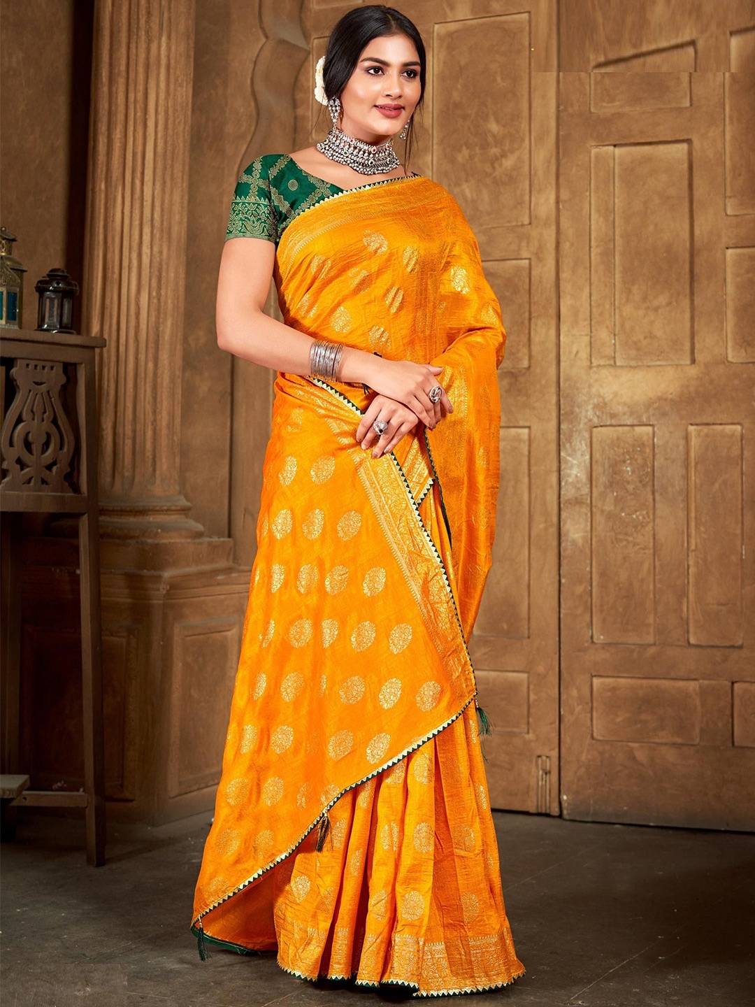 

Reboot Fashions Floral Zari Silk Blend Bhagalpuri Saree, Yellow