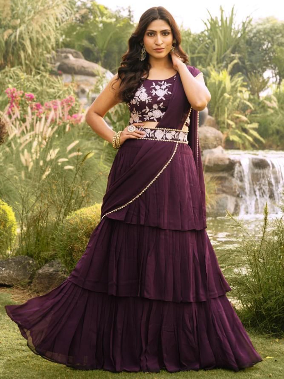 

PATLANI STYLE Floral Embroidered Pure Georgette Ready to Wear Saree, Purple