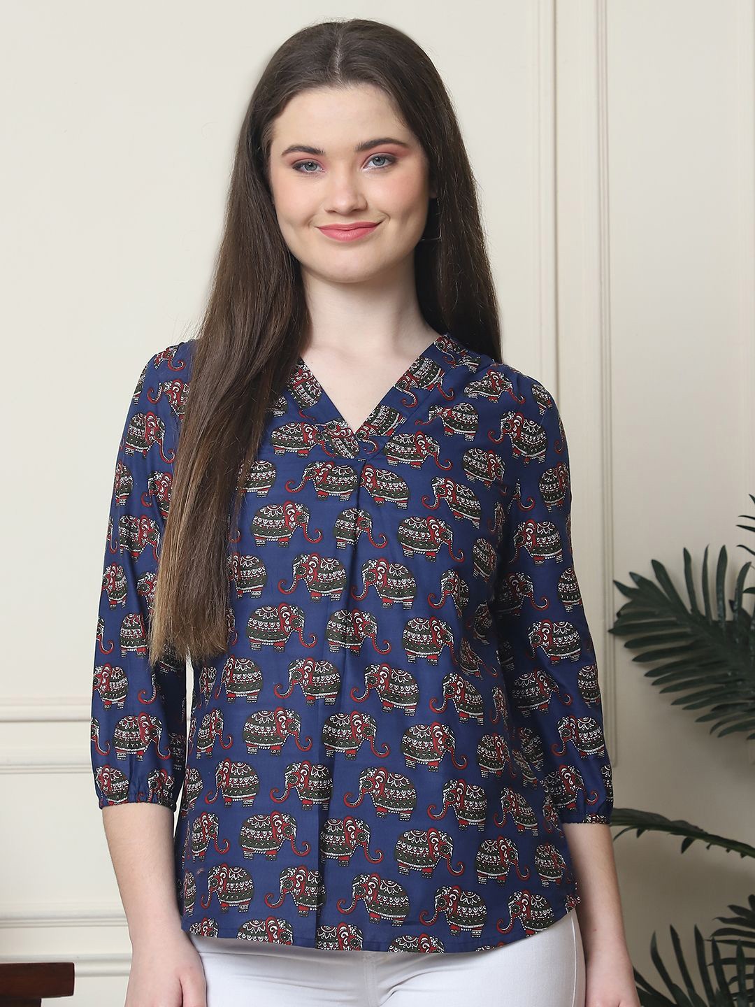 

Frempy Print Ethnic Organic Cotton Shirt Style Top, Navy blue