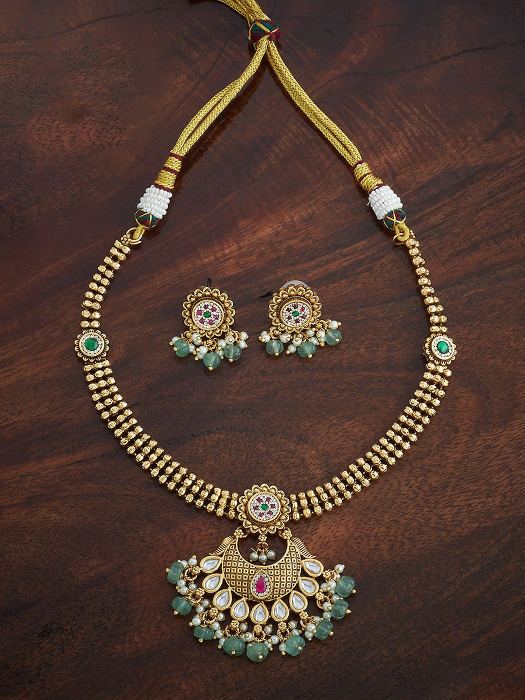 

Kushal's Fashion Jewellery Ruby-Green Gold-Plated Ethnic Antique Jewellery Set
