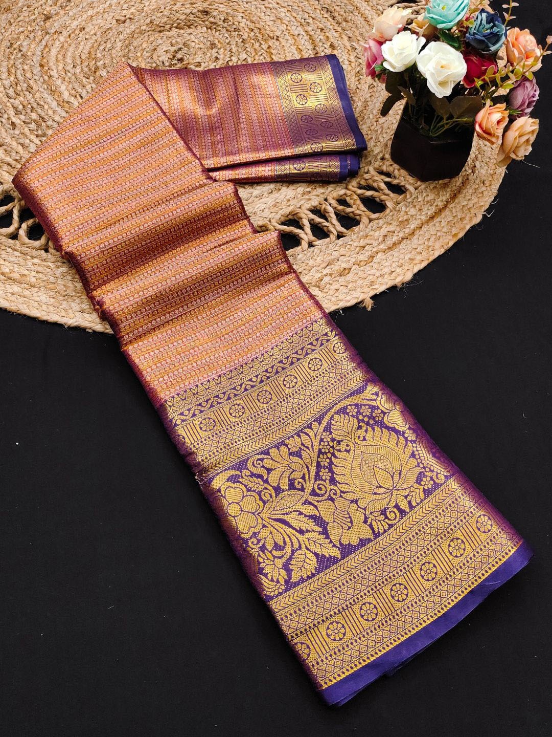 

Mitera Woven Design Zari Pure Silk Kanjeevaram Saree, Coffee brown