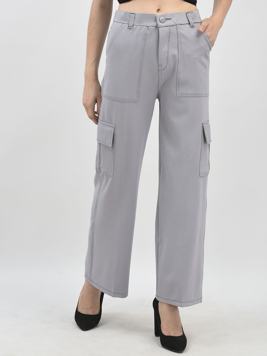 

Chemistry Women Relaxed Straight Leg High-Rise Cargos Trousers, Grey