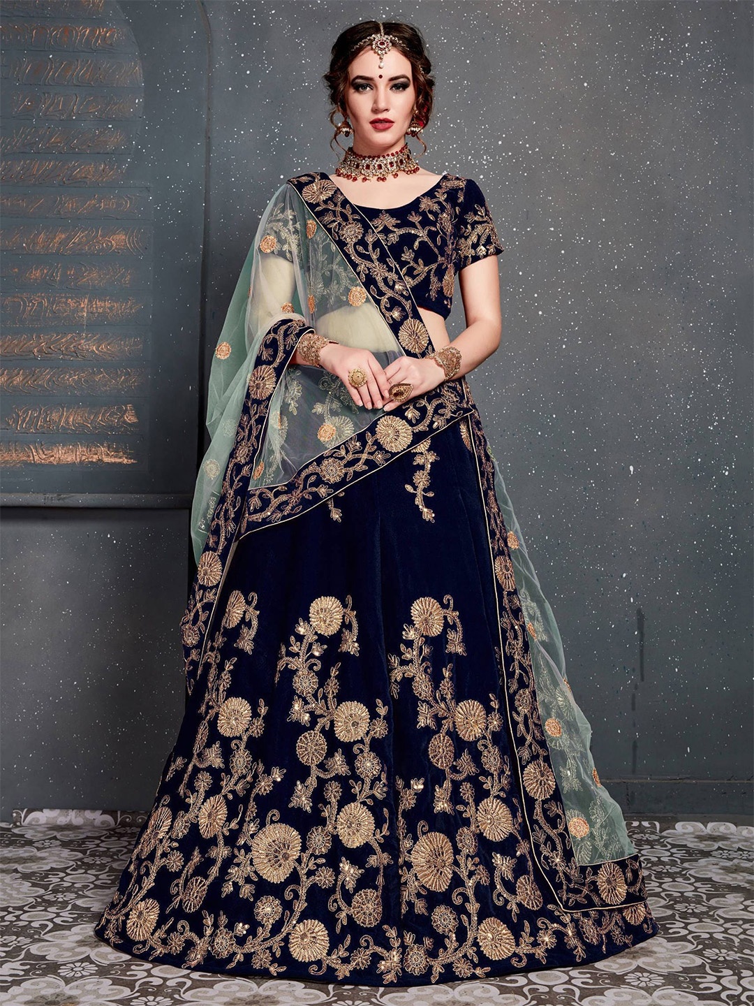 

DIVASTRI Embroidered Zari Work Semi-Stitched Velvet Lehenga & Blouse With Dupatta, Navy blue