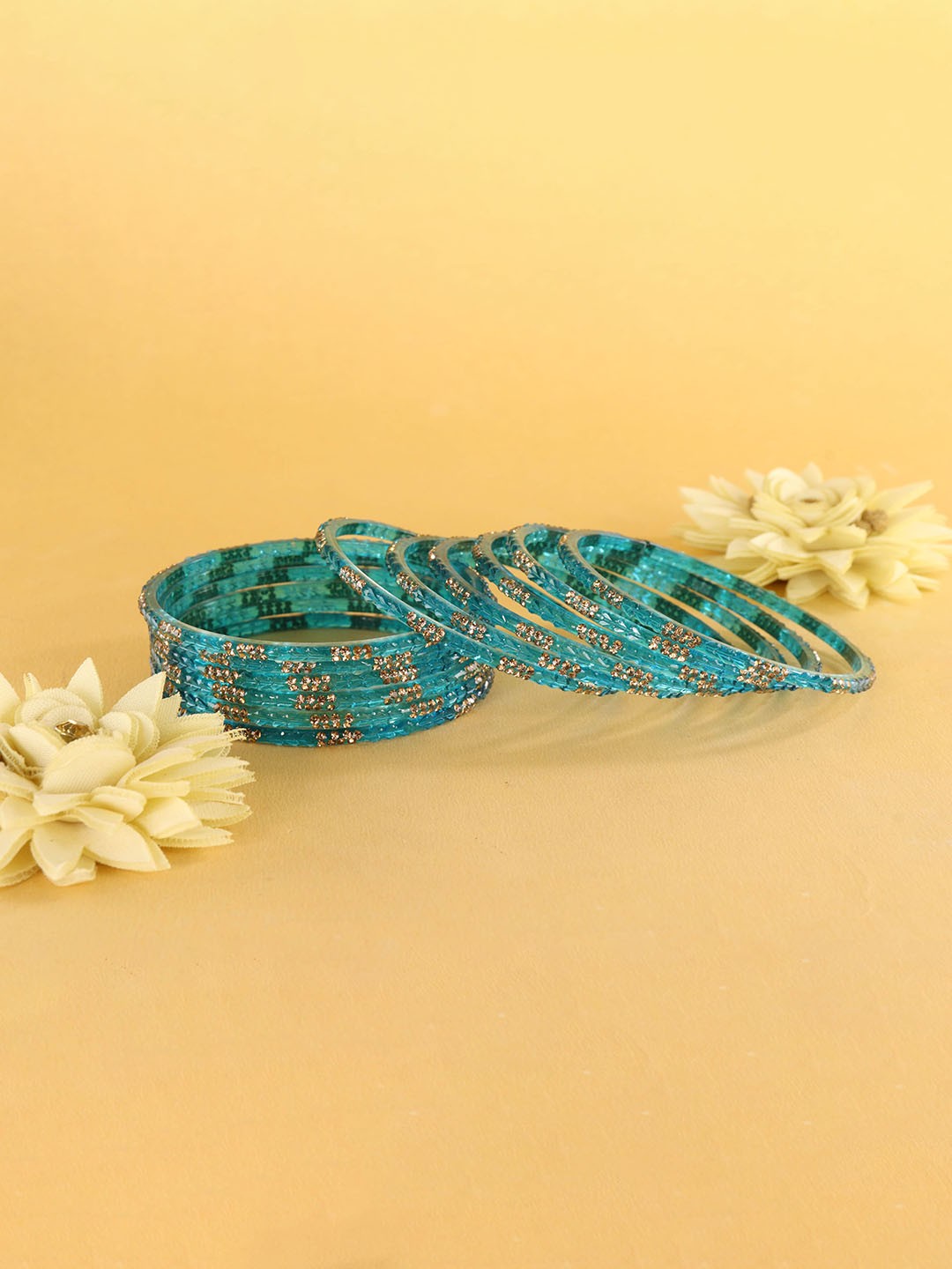 

LAVAZZA Set Of 12 American Diamond Studded Glass Bangles, Green