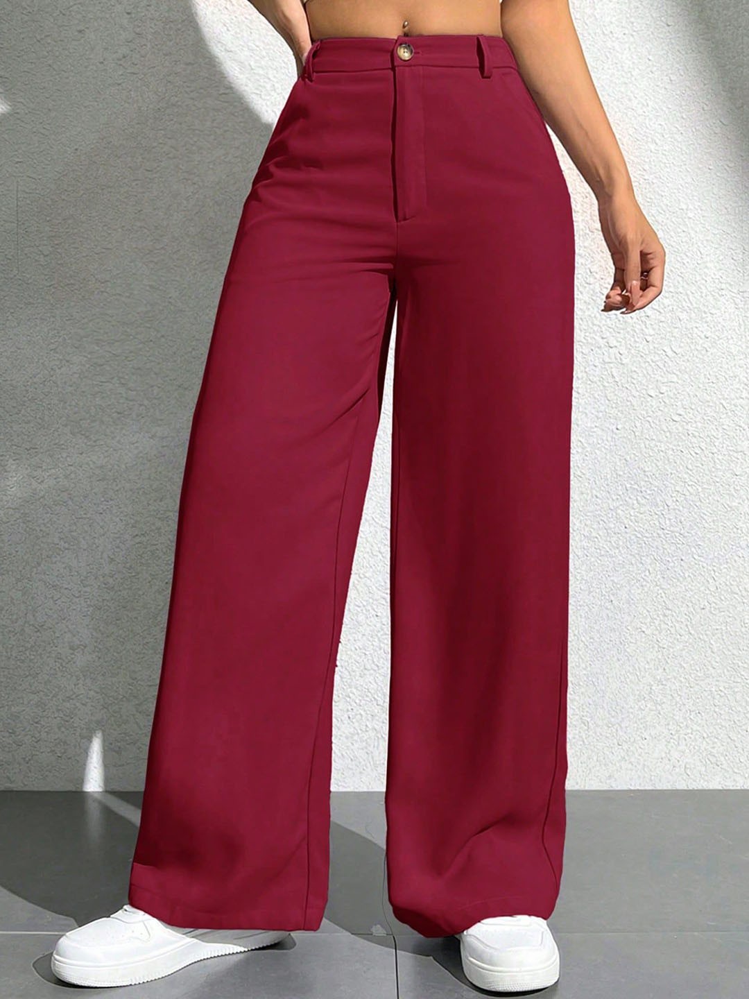 

NUCOUTHS Women Relaxed Straight Leg Straight Fit High-Rise Trousers, Maroon