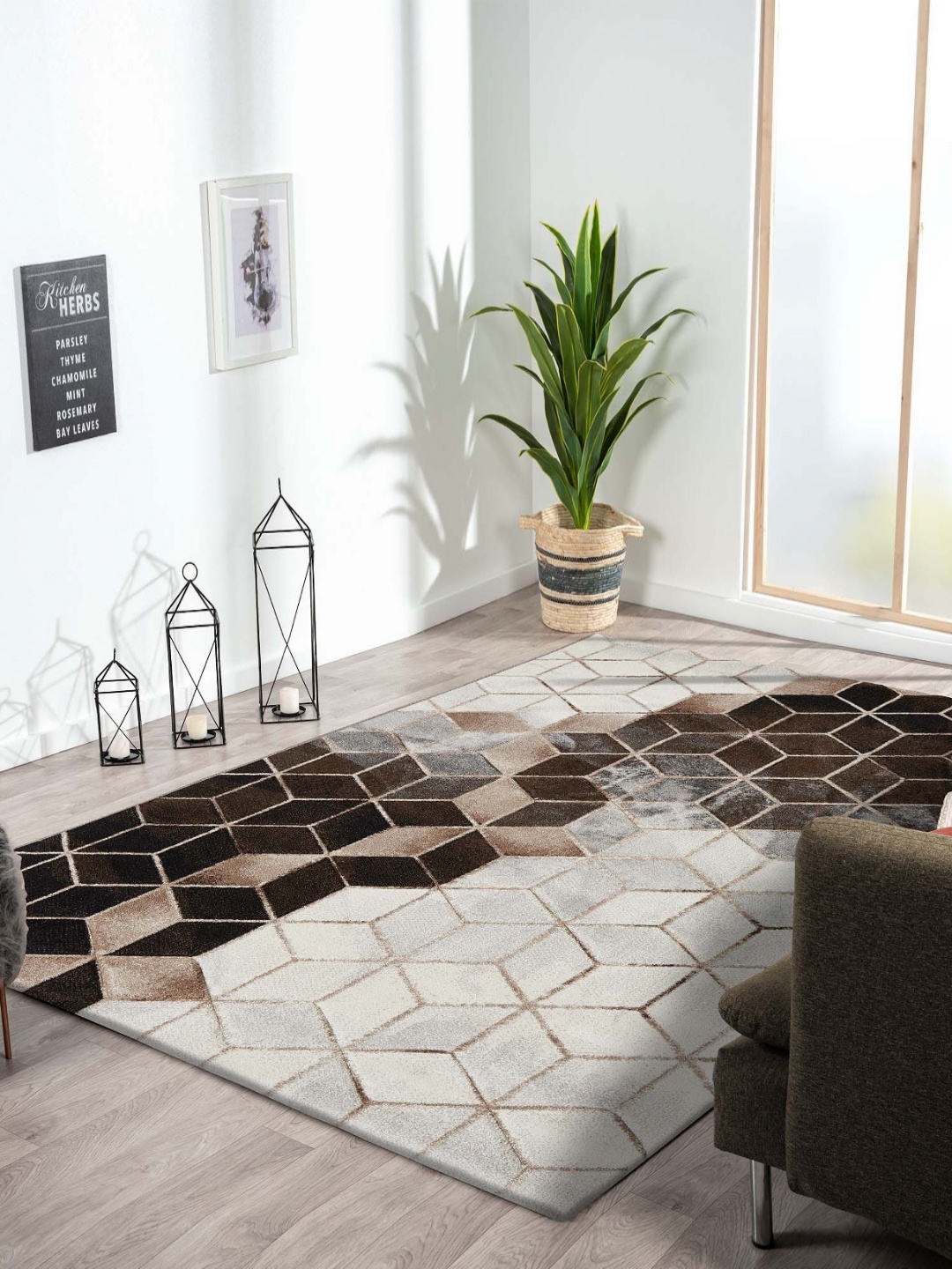 

OBSESSIONS Cream-Coloured Geometric Anti-Skid Polypropylene Carpet
