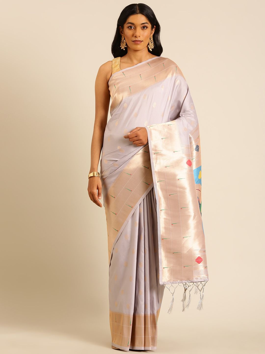 

DIVASTRI Ethnic Motifs Zari Silk Blend Paithani Saree, Grey
