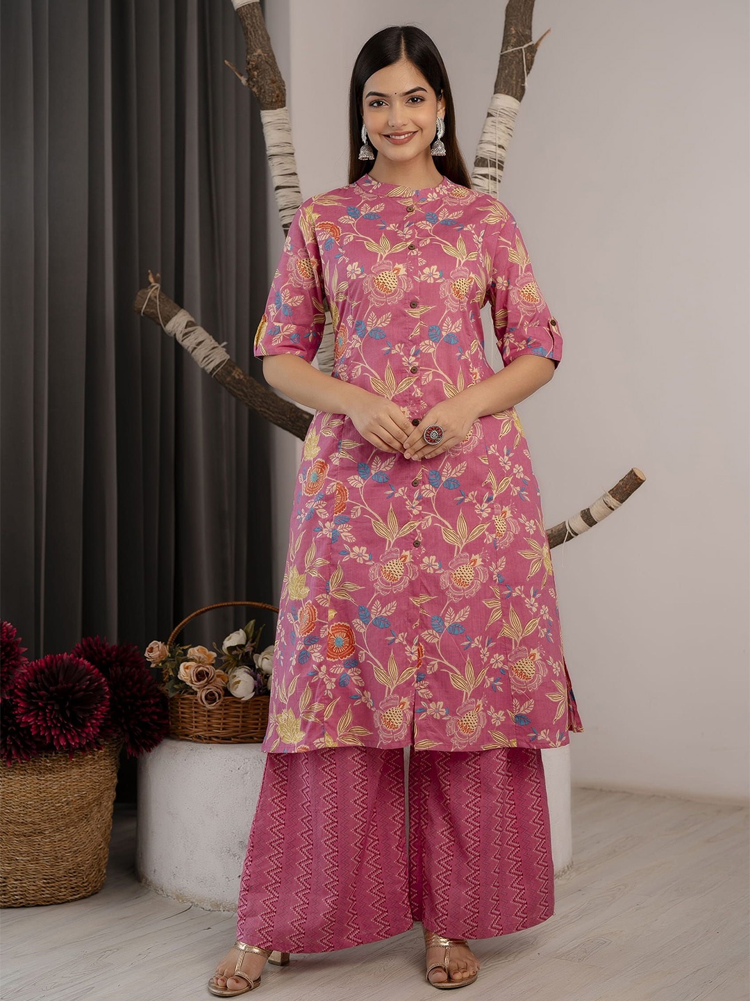 

TRIVEDI Printed Pure Cotton A-Line Kurtas, Pink