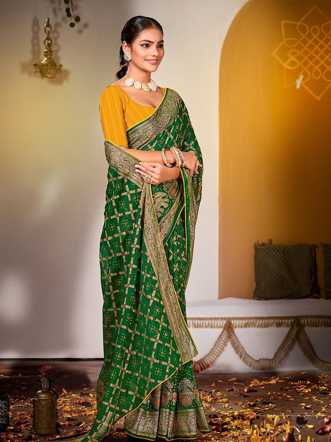

Reboot Fashions Embellished Zari Silk Blend Designer Bhagalpuri Saree, Green