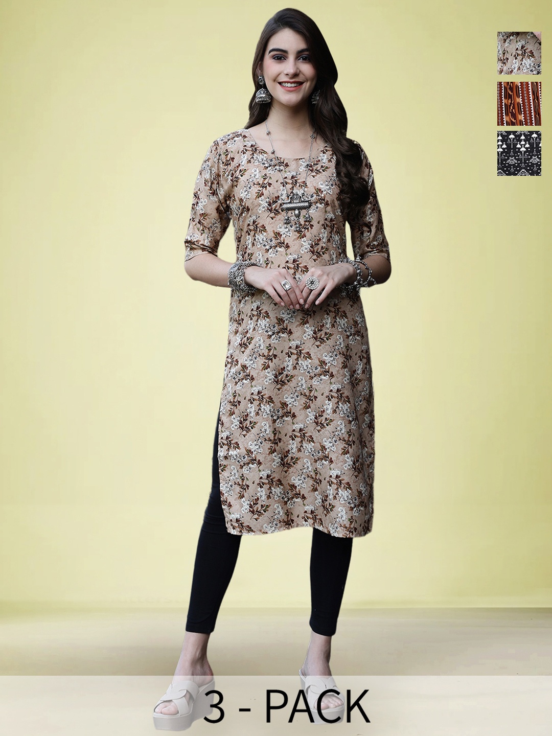 

Moda Rapido Selection Of 3 Floral Printed Round Neck Straight Kurtas, Beige