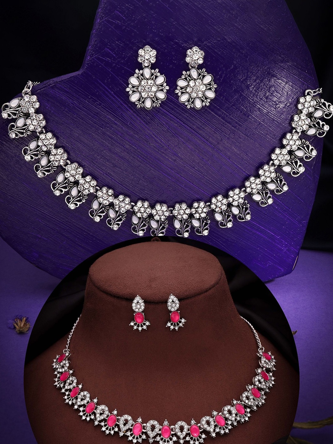 

DIVASTRI Set Of 2 Gold-Plated American Diamond-Studded Jewellery Set, Silver