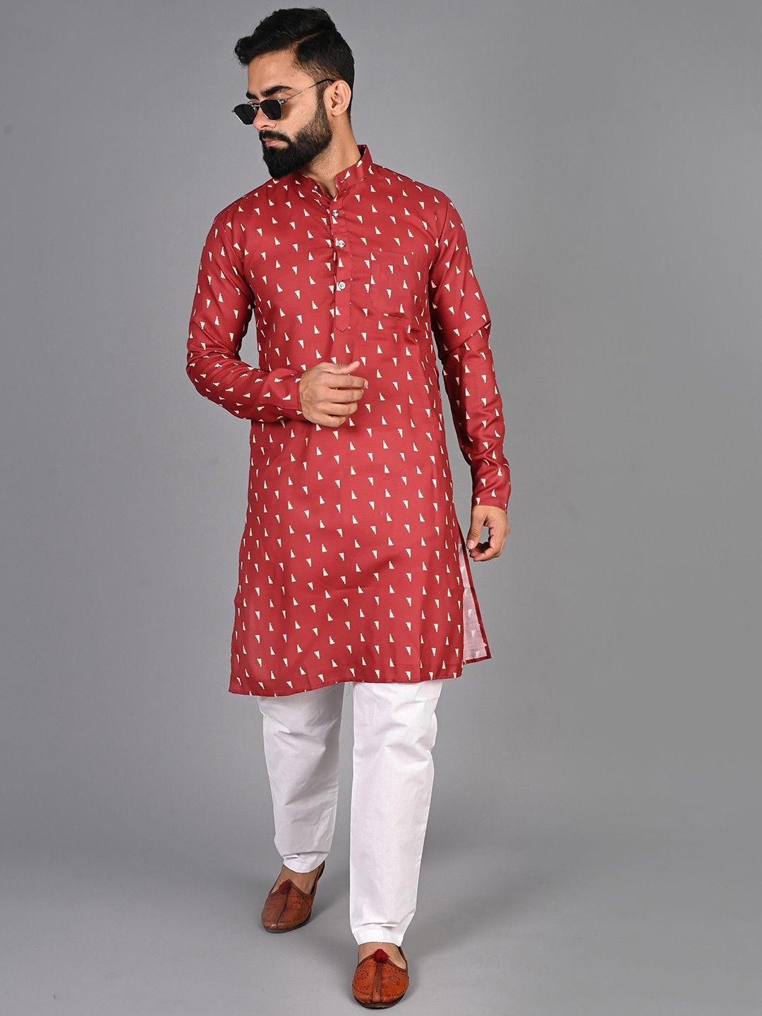 

PulseIQ Men Printed Regular Pure Cotton Kurta with Pyjamas, Brown
