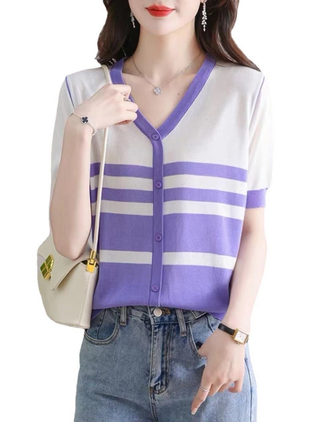 

StyleCast Women Striped V-Neck T-shirt, Blue