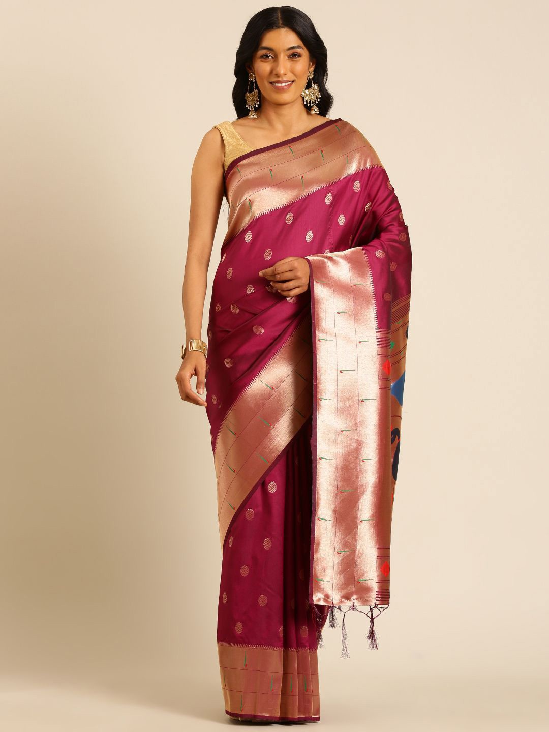 

DIVASTRI Woven Design Zari Silk Blend Designer Paithani Saree, Red