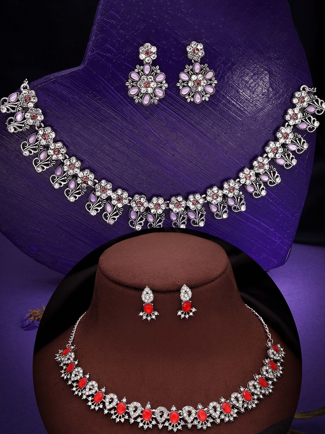 

DIVASTRI Set Of 2 Silver-Plated AD-Studded Jewellery Sets