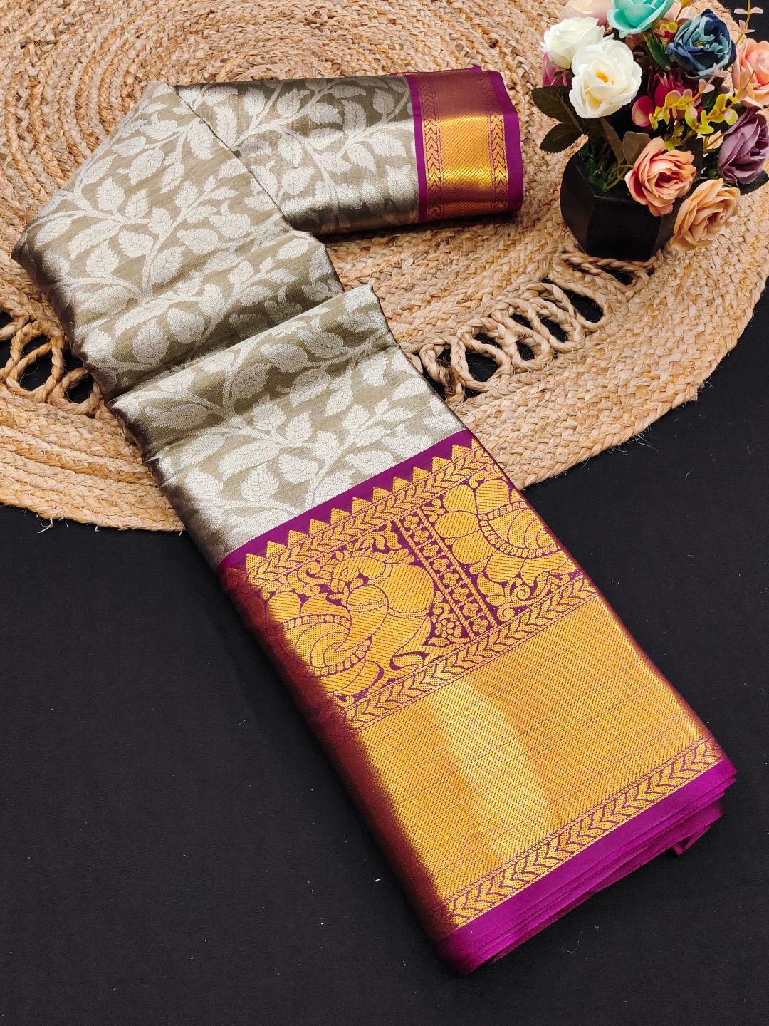 

Mitera Woven Design Zari Pure Silk Kanjeevaram Saree, Coffee brown