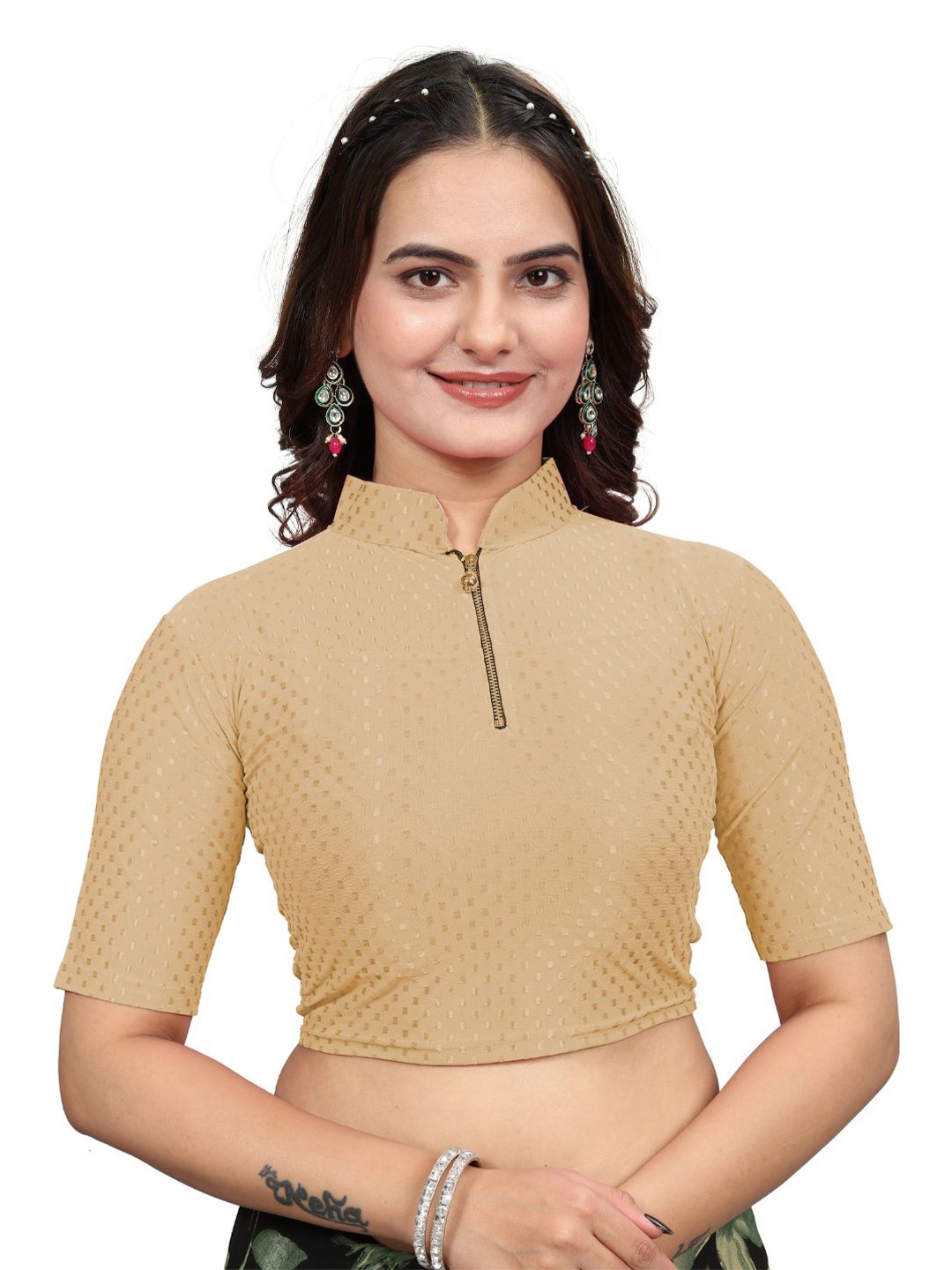 

SS Sanket Synthetics Embroidered Saree Blouse, Beige