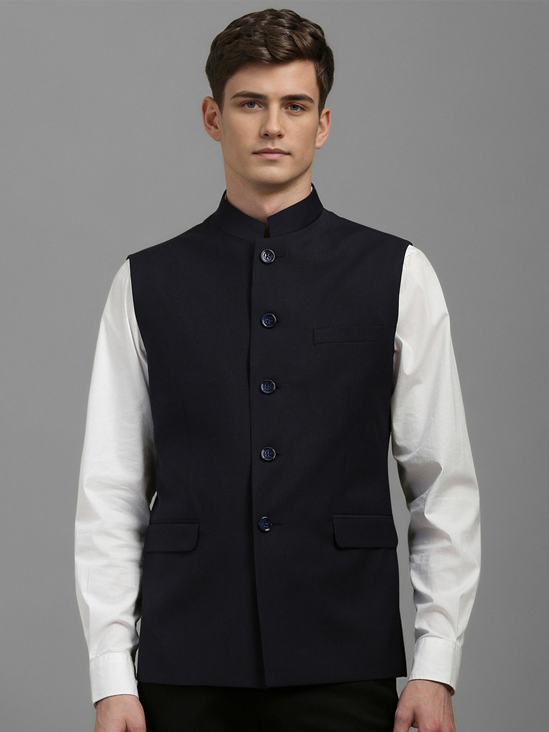 

Louis Philippe Checked Slim Fit Woven Nehru Jacket, Black