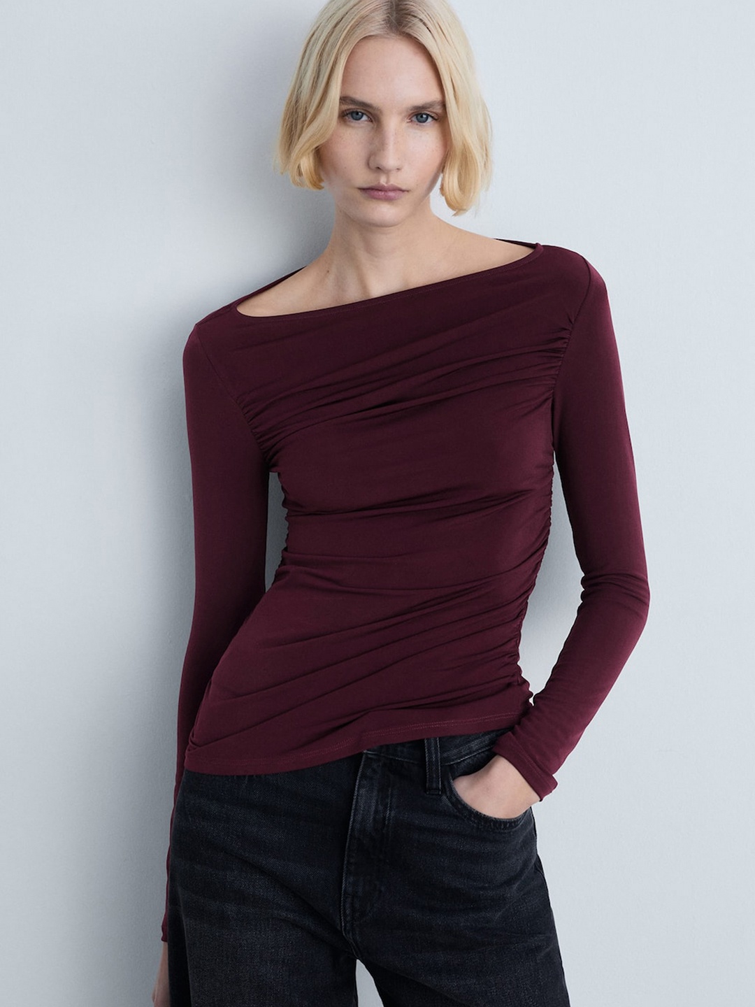 

MANGO Boat Neck Draped Fitted Top, Maroon