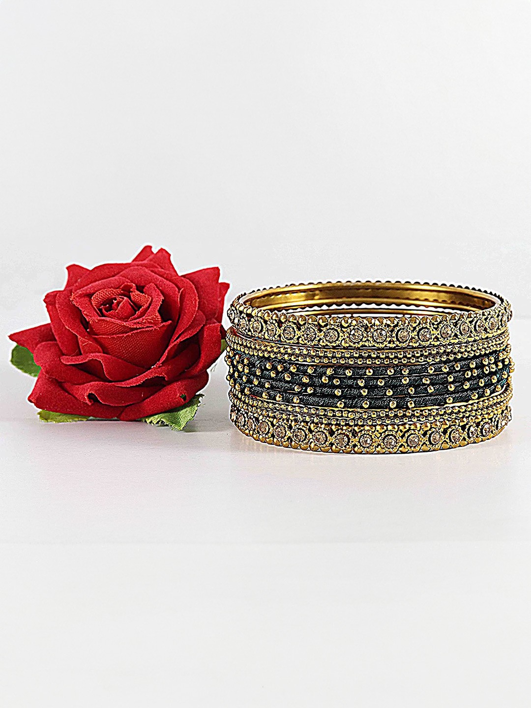 

ZULKA Set Of 20 Zircon Gemstone Studded & Beaded Bangles, Black