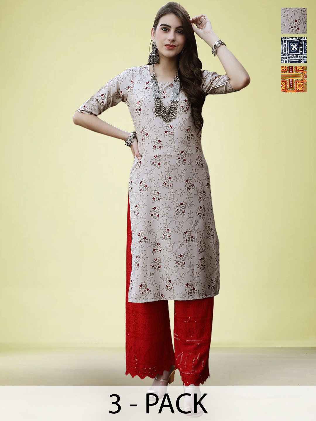 

Moda Rapido Selection Of 3 Floral Printed Round Neck Straight Kurtas, Cream