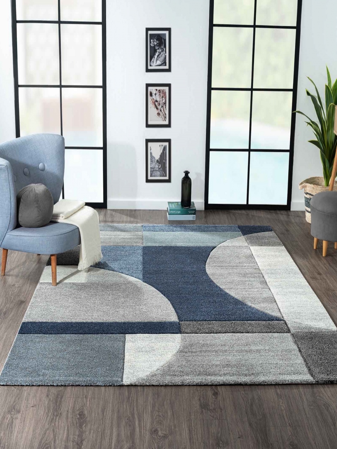 

OBSESSIONS Blue Geometric Anti-Skid Polypropylene Carpet