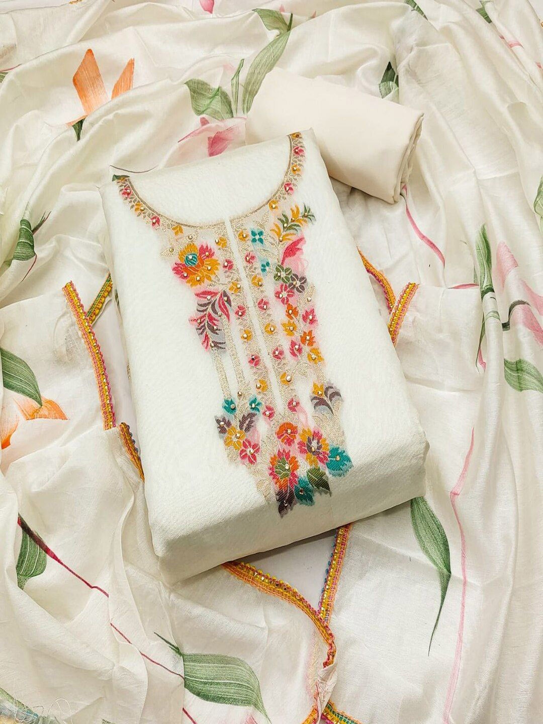 

SHIJILA Floral Woven Design Beads & Stones Unstitched Dress Material, Cream