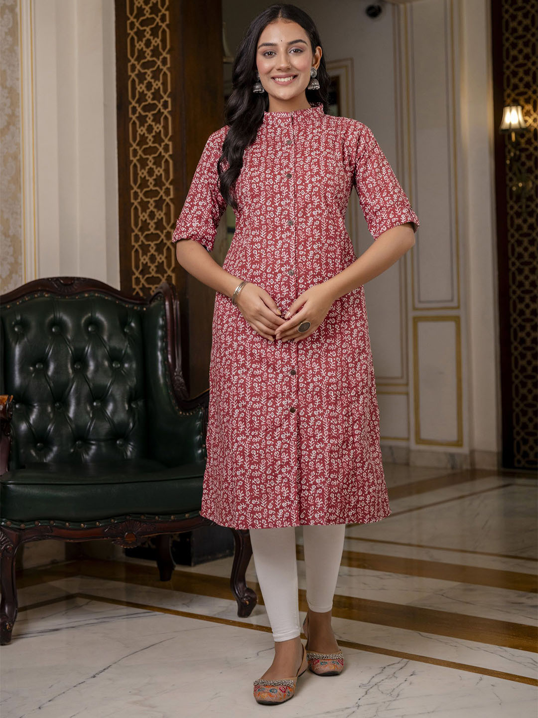 

TRIVEDI Printed Pure Cotton Straight Kurta, Maroon