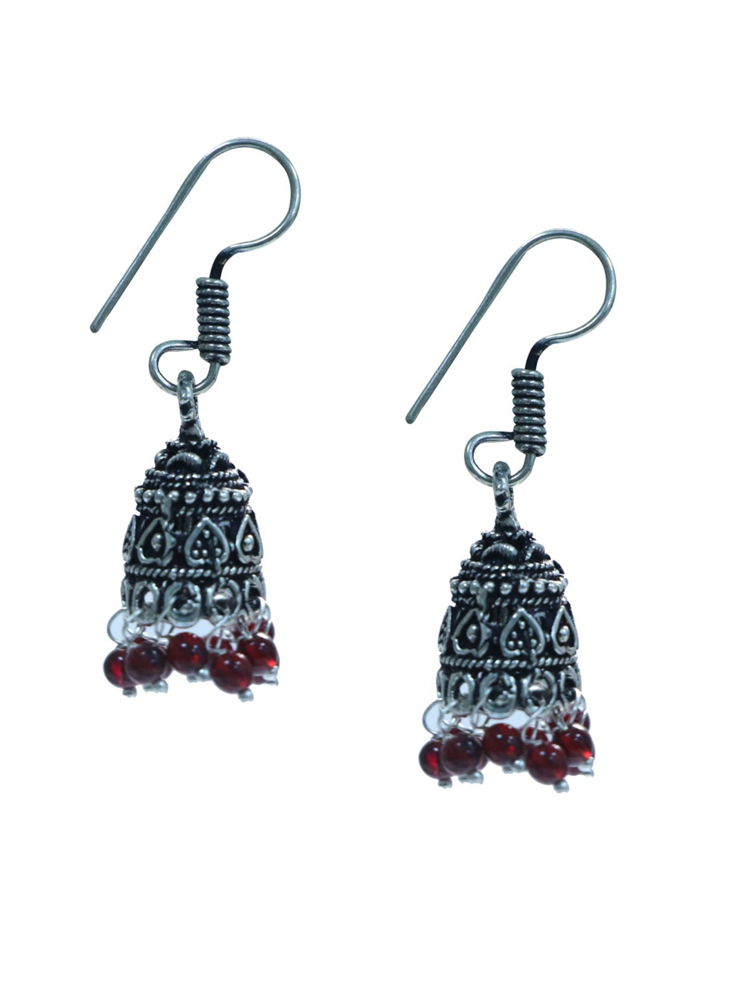 

Abhooshan Silver-Plated Artificial Beaded Oxidised Dome Shaped Jhumkas, Red