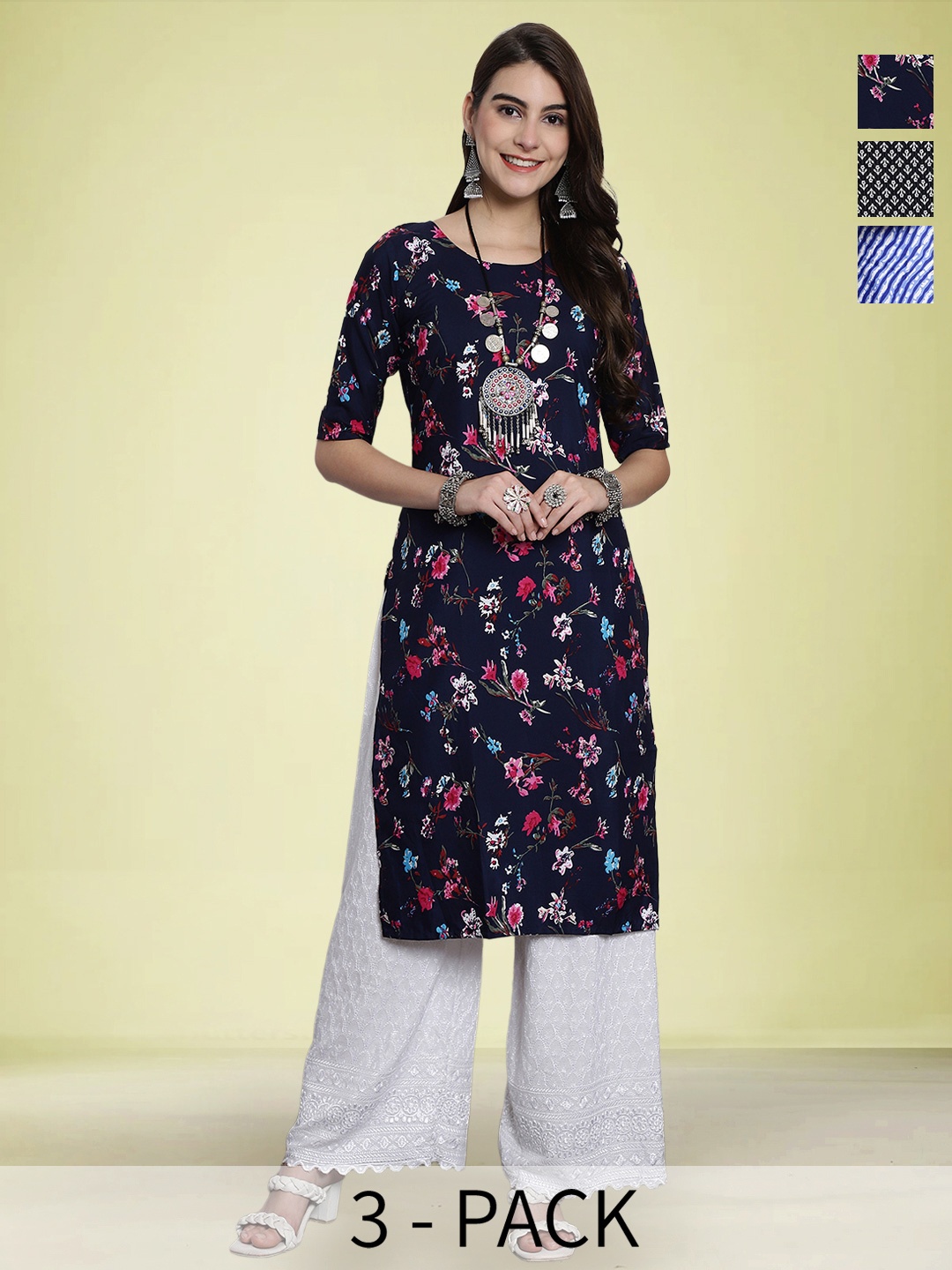 

Moda Rapido Selection Of 3 Floral Printed Round Neck Straight Kurta, Navy blue