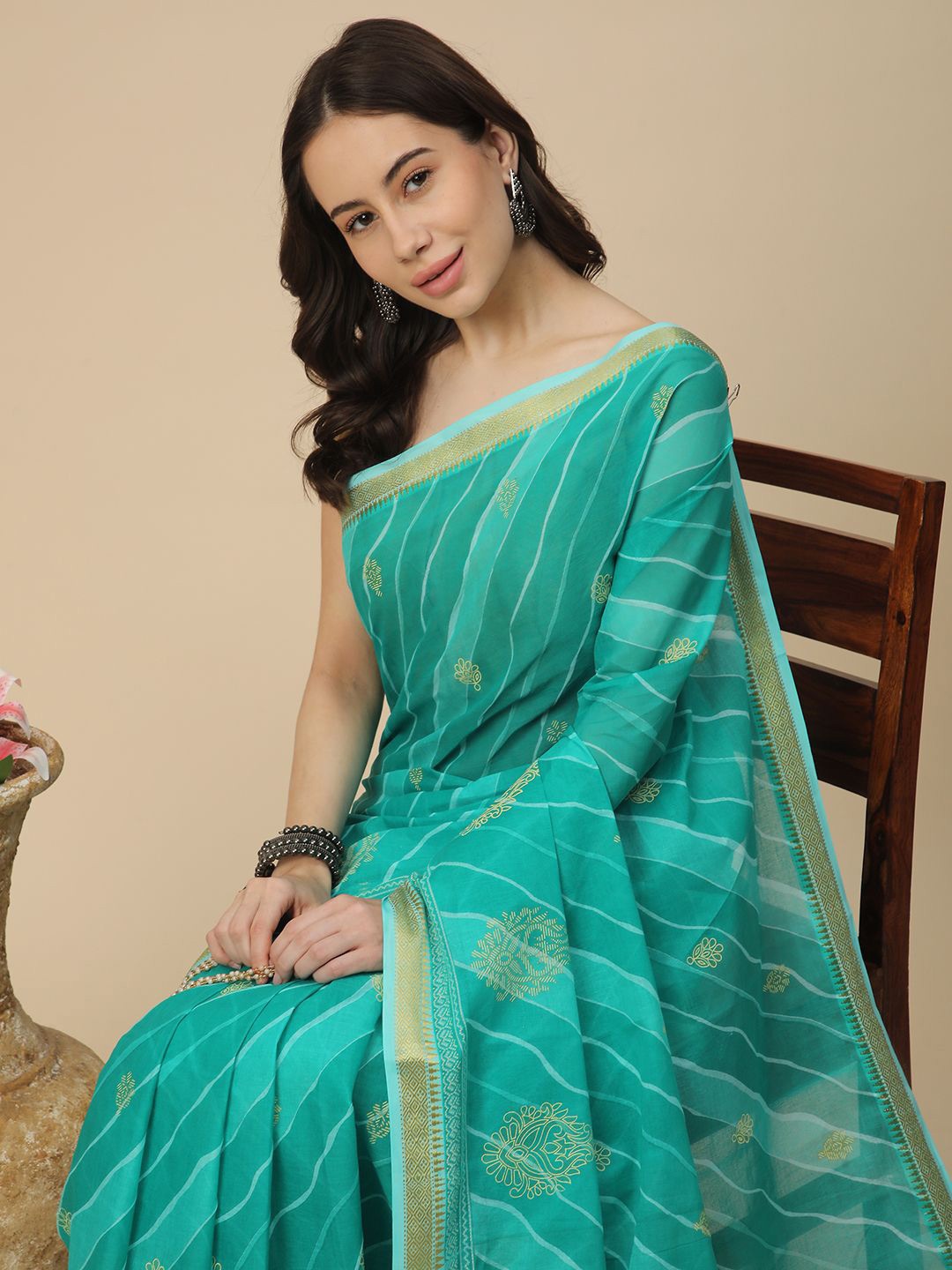 

RATAN Woven Design Zari Pure Cotton Leheriya Saree, Blue