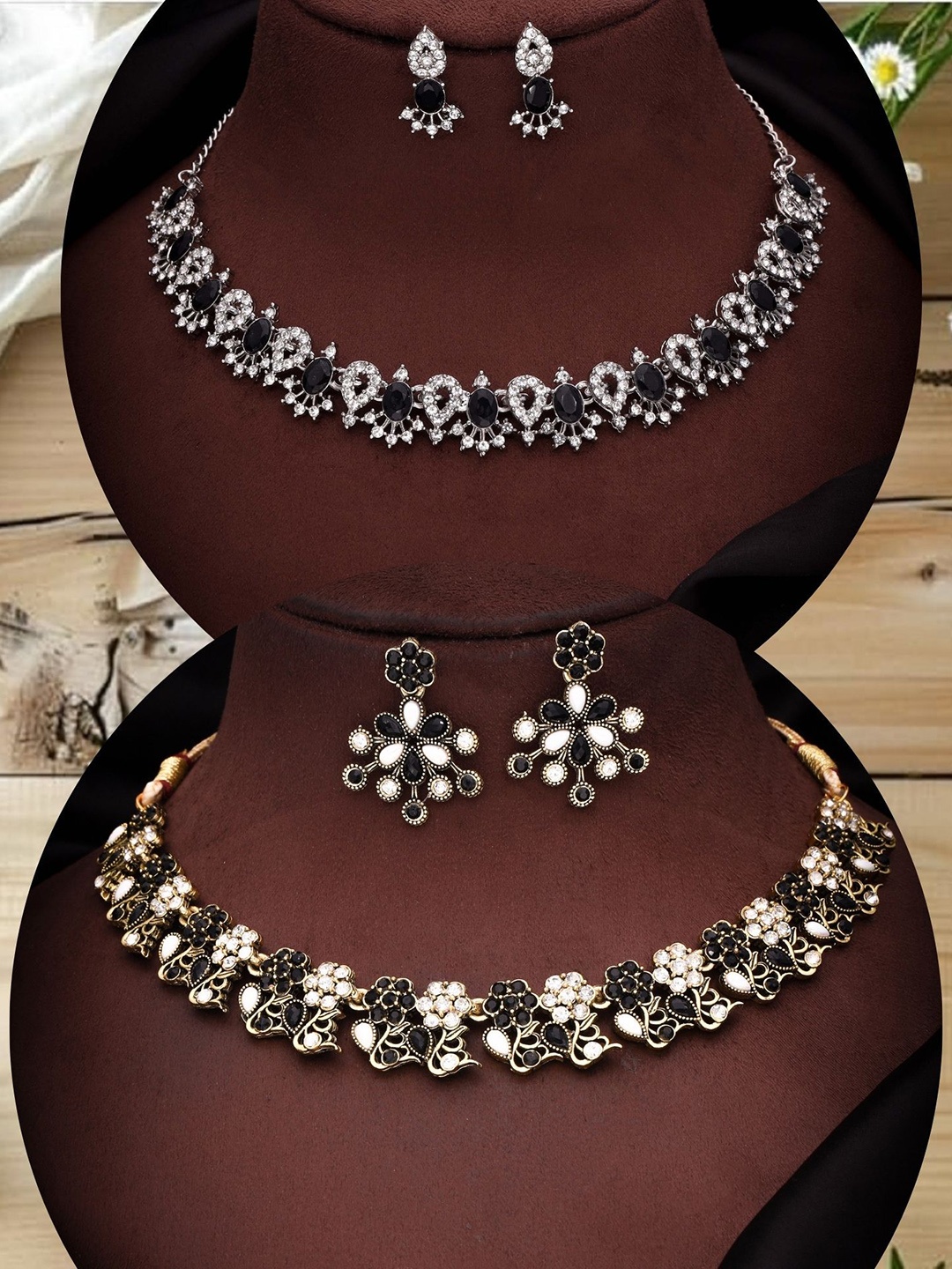 

DIVASTRI Set Of 2 Silver-Plated American Diamond Studded Jewellery Sets, Gold