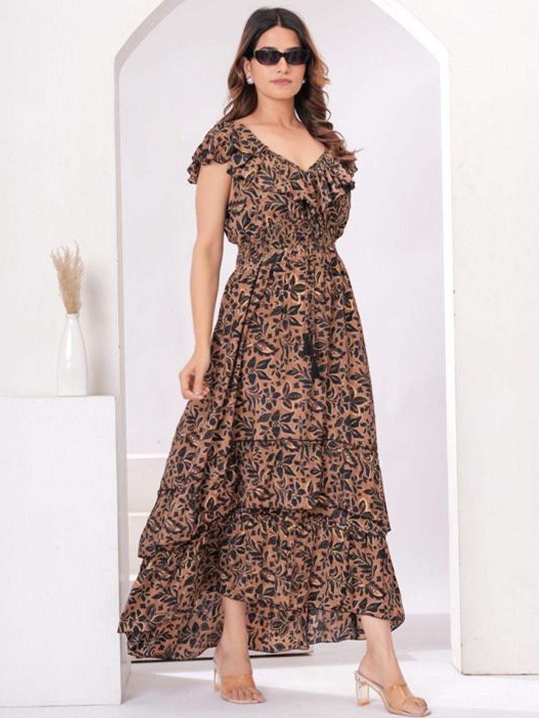 

Sencei Floral Print Flutter Sleeve Fit & Flare Maxi Dress, Brown